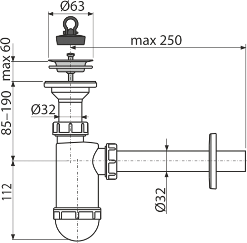 Alcaplast A410 Mosdószifon DN32 rozsdamentes leeresztővel DN63