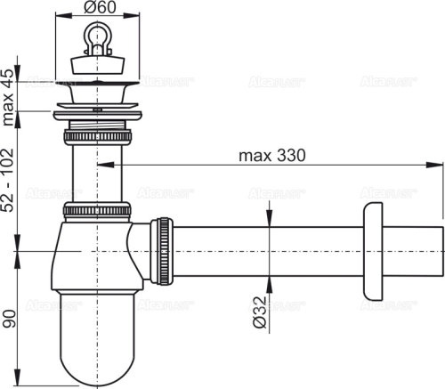 Alcaplast A437 Mosdószifon DN32,  leeresztővel, fém