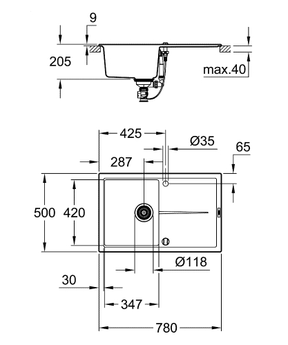 Grohe K400 50-C 78/50 1.0 Composite mosogató, gránit fekete 31639AP0