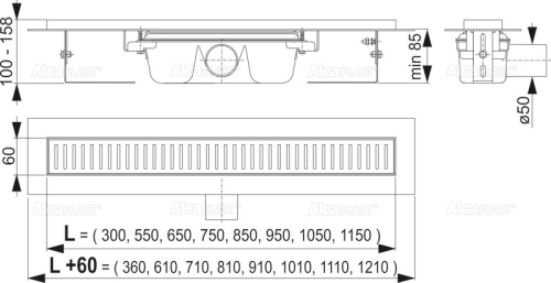 Alcaplast APZ1-850 Zuhanyfolyóka peremmel perforált rácsokhoz