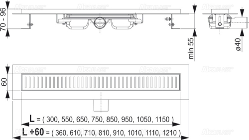 Alcaplast APZ101-850 Low Zuhanyfolyóka peremmel perforált rácsokhoz