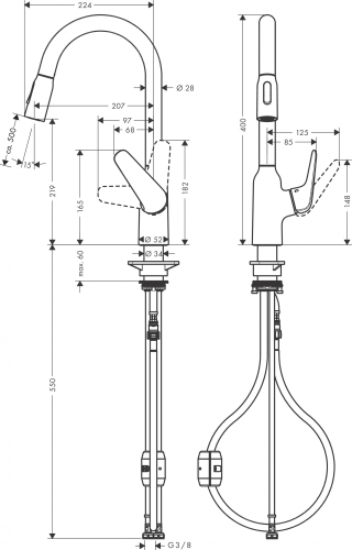 Hansgrohe M429-H220 egykaros konyhai csaptelep kihúzható zuhanyfejjel, rozsdamentes acél 71800800