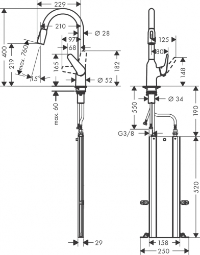 Hansgrohe Focus M4216-H220 egykaros konyhai csaptelep kihúzható zuhanyfejjel, króm 71820000