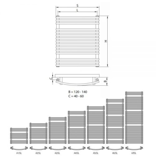 Radeco Sonia A6-500/SL D profilos íves törölközőszárítós csőradiátor (1025 W, fehér, 1408x550 mm)