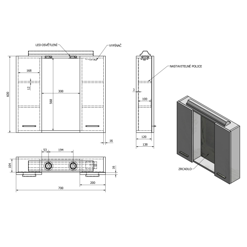 Sapho AQUALINE ZOJA 70x60 cm tükrösszekrény LED világítással, platina tölgy 45029