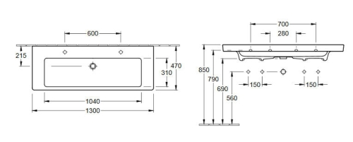 Villeroy & Boch Subway 2.0 130x47 cm mosdó, túlfolyó nélkül CeramicPlus felülettel 7176 D3 R1 (7176D3R1)