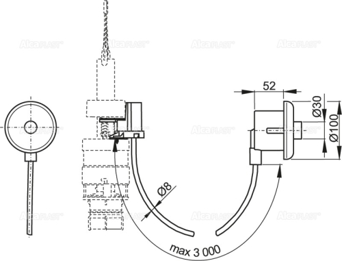 Alcaplast MPO11 Távműködtetésű pneumatikus öblítés-kézi, fényes-króm, beépítés: falba