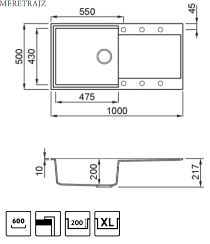 Elleci Easy 480 egy medence csepegtetővel gránit mosogató, M70 Ghisa LMY48070