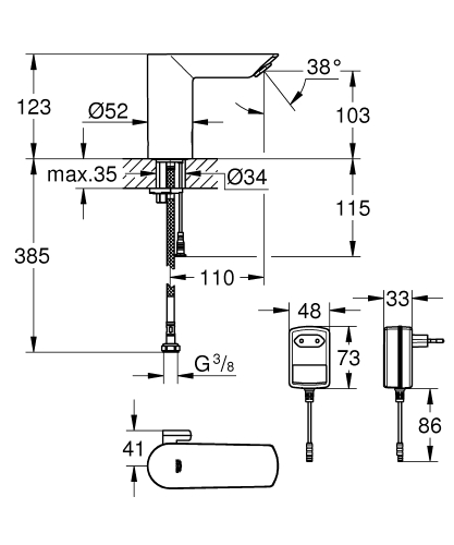 Grohe Bau Cosmopolitan E Infrás elektronikus mosdócsaptelep állítható hőmérsékeltszabályzóval 36453000