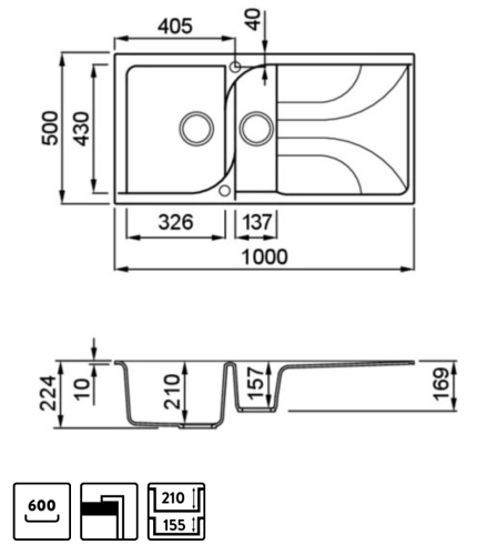 Elleci Ego 475 egy medence gyümölcsmosóval, csepegtetővel gránit mosogató, M73 Titanium LME47573