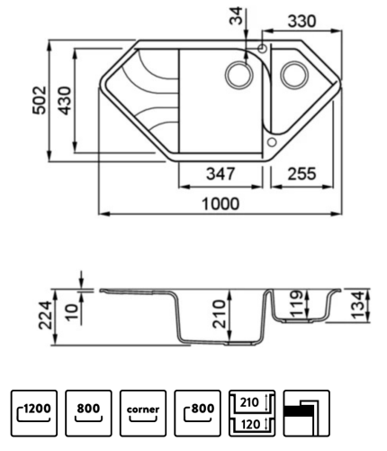 Elleci Ego CORNER sarok gránit mosogató, M79 Aluminium LMECOR79