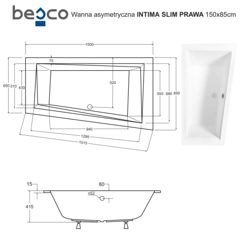 Besco INTIMA SLIM 150x85 cm jobbos aszimmetrikus kád, fehér WAIT-150-SP