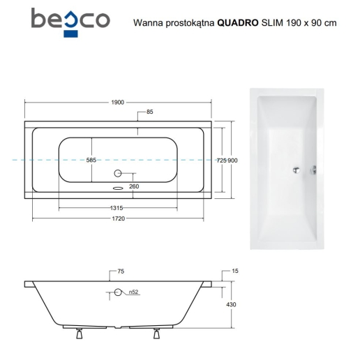 Besco QUADRO SLIM 190x90 cm egyenes kád, fehér WAQ-190-SL