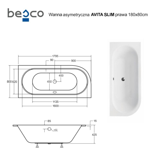 Besco AVITA SLIM 180x80 cm jobbos aszimmetrikus kád, fehér WAV-180-NPS