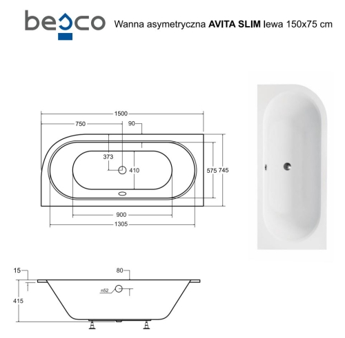 Besco AVITA SLIM 150x75 cm balos aszimmetrikus kád, fehér WAV-150-NLS