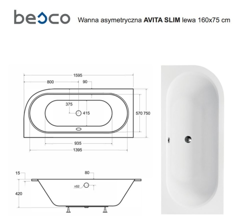 Besco AVITA SLIM 160x75 cm balos aszimmetrikus kád, fehér WAV-160-NLS