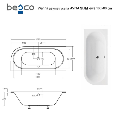 Besco AVITA SLIM 180x80 cm jobbos aszimmetrikus kád, fehér WAV-180-NLS