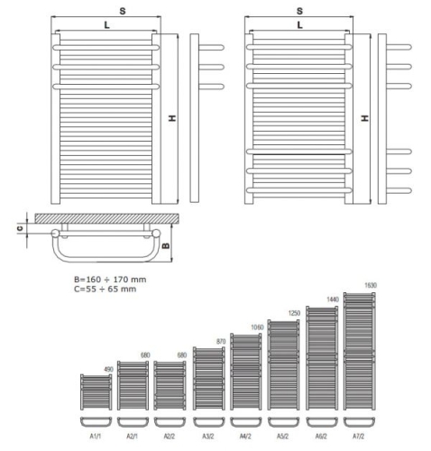 Radeco ARIA A2-400/1 design törölközőszárítós csőradiátor (415 W, fehér, 680x435 mm)