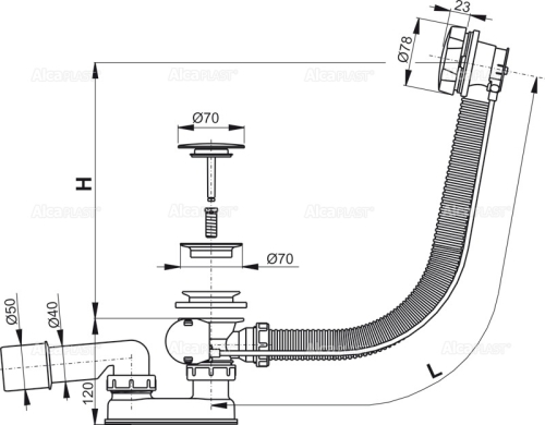 Alcaplast A55KM-80 automata kádszifon fém, króm (hossz 800mm)