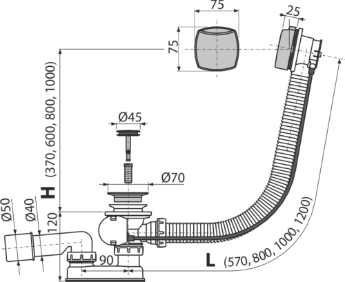 Alcaplast A553K Automata kádszifon készlet, fém 570 mm