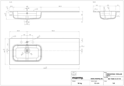Marmy CREMONA 120x46 cm balos mosdó, fehér 80 7285 12 31 10