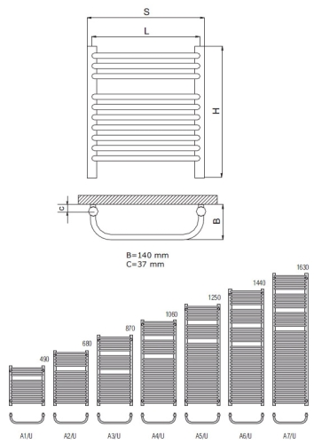 Radeco UGO A3-500/U design törölközőszárítós csőradiátor (690 W, fehér, 870x535 mm)