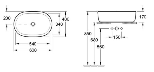 Villeroy and Boch Architectura 60x40 cm ráültethető mosdó, túlfolyó nélkül CeramicPlus felülettel 412661R1
