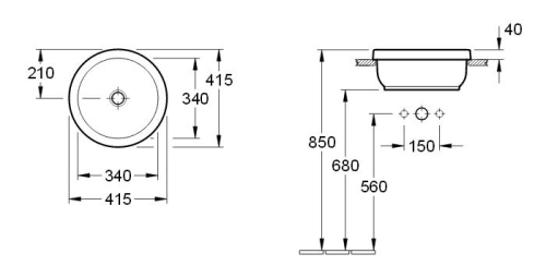 Villeroy and Boch Architectura 41,5 cm beépíthető mosdó, túlfolyó nélkül CeramicPlus felülettel 416541R1