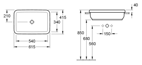 Villeroy and Boch Architectura 61,5x41,5 cm beépíthető mosdó, túlfolyó nélkül CeramicPlus felülettel 416761R1