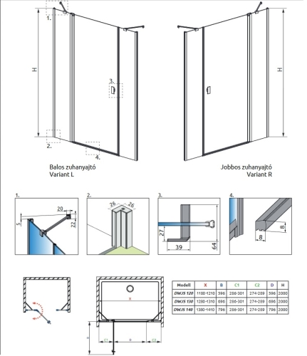 Radaway Nes DWJS 120 B zuhanyajtó, 120 cm-es balos 10038120-01-01L