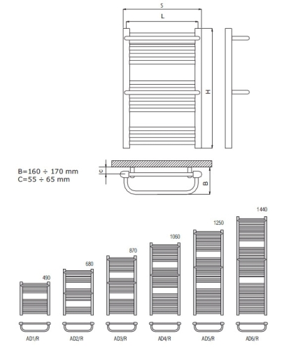 Radeco ROSA AD4-500/R standard törölközőszárítós csőradiátor (713 W, fehér, 1060x550 mm)