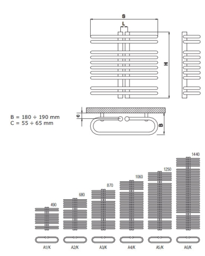 Radeco OSCAR A4/K standard törölközőszárítós csőradiátor (1190 W, fehér, 1060x500 mm)