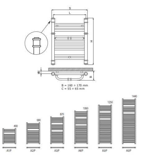 Radeco RETRO A2-500/P/KOLOR design törölközőszárítós csőradiátor (480 W, fehér, 680x535 mm)