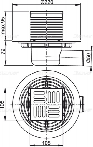 Alcaplast APV101 Padlóösszefolyó 105×105/50 mm vízszintes, rozsdamentes rács, vizes bűzzár