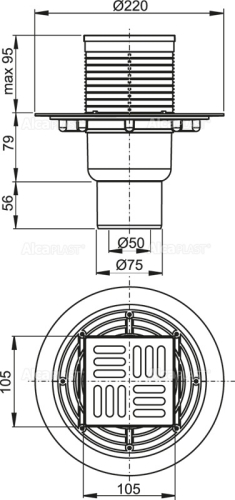 Alcaplast APV201 Padlóösszefolyó 105×105/50/75 mm függőleges, rozsdamentes rács, vizes bűzzár