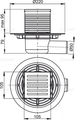 Alcaplast APV103 Padlóösszefolyó 105×105/50 mm vízszintes, rozsdamentes rács, vizes bűzzár