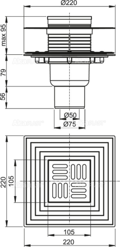 Alcaplast APV4344 Padlóösszefolyó 105×105/50/75 mm függőleges, rozsdamentes rács