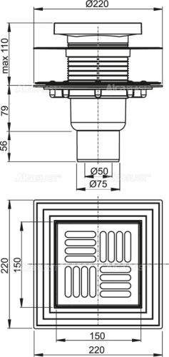 Alcaplast APV4444 Padlóösszefolyó 150×150/50/75 mm függőleges, rozsdamentes rács