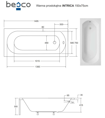Besco INTRICA 150x75 cm egyenes kád, fehér WAIN-150-PK