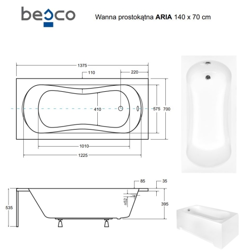 Besco ARIA PLUS 140x70 cm egyenes kád Standard kapaszkodóval, fehér WAA-140-PU