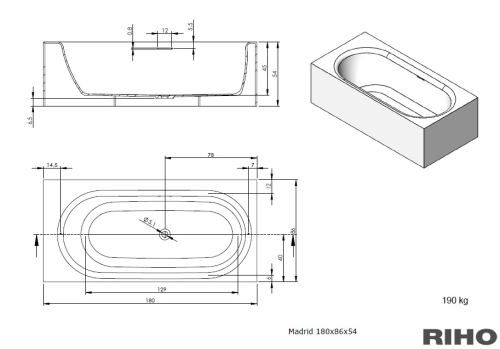 Riho Madrid Solid Surface 180x85 cm szabadonálló kád BS40 (BS4000500000000) B124001105