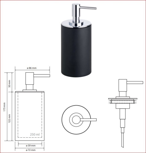 Sapho BEMETA GAMMA szappanadagoló, 72x175x86mm, 250ml, fekete 145609320