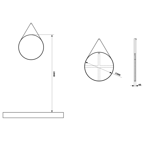 Sapho ORBITER kerek tükör akasztóval, átm:50cm, matt fekete ORB050