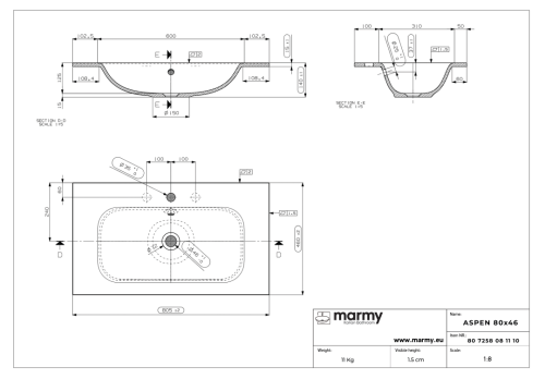 Marmy ASPEN 80x46 cm beépíthető öntött márvány mosdó 80 7258 08 11 10