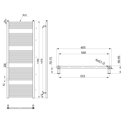 Sapho AQUALINE 600x1700mm egyenes fürdőszobai radiátor, strukturált ezüst ILS66E