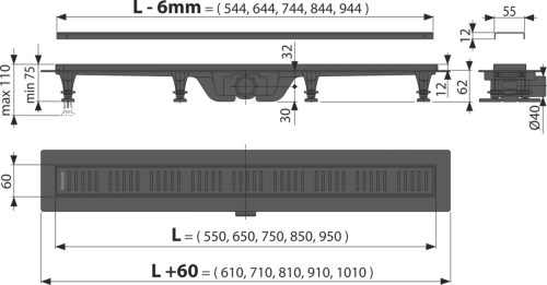 Alcaplast APZ10BLACK-950M zuhanyfolyóka peremmel, matt fekete