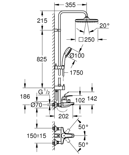 Grohe Tempesta Cosmopolitan System 250 Cube Zuhanyrendszer egykaros kádtöltővel, falra szereléshez 26693000