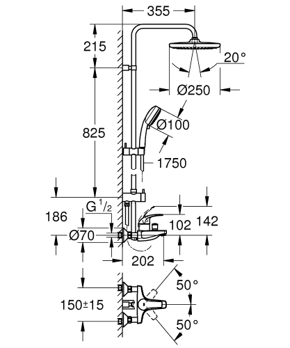 Grohe Tempesta Cosmopolitan System 250 Zuhanyrendszer egykaros kádtöltővel, falra szereléshez 26674000