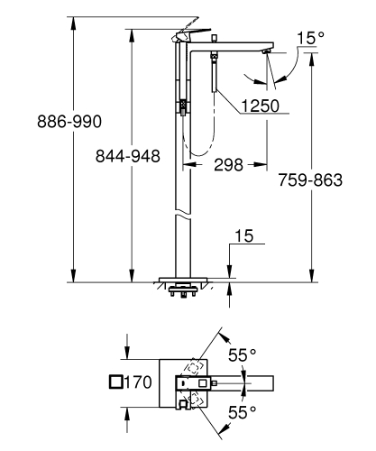 GROHE Eurocube egykaros kádtöltő csaptelep 1/2″, padlóra szerelhető, matt hard grafit 23672AL1