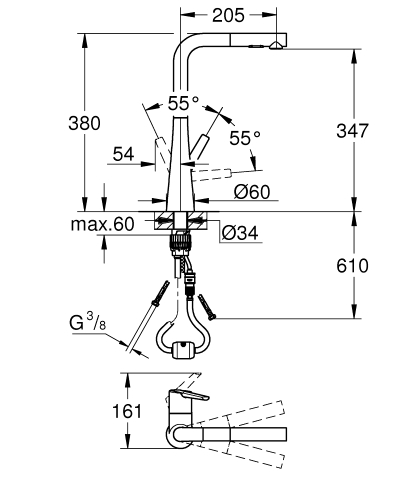 Grohe Zedra Egykaros mosogatócsaptelep zuhanyfejjel, matt szuperacél 32553DC2